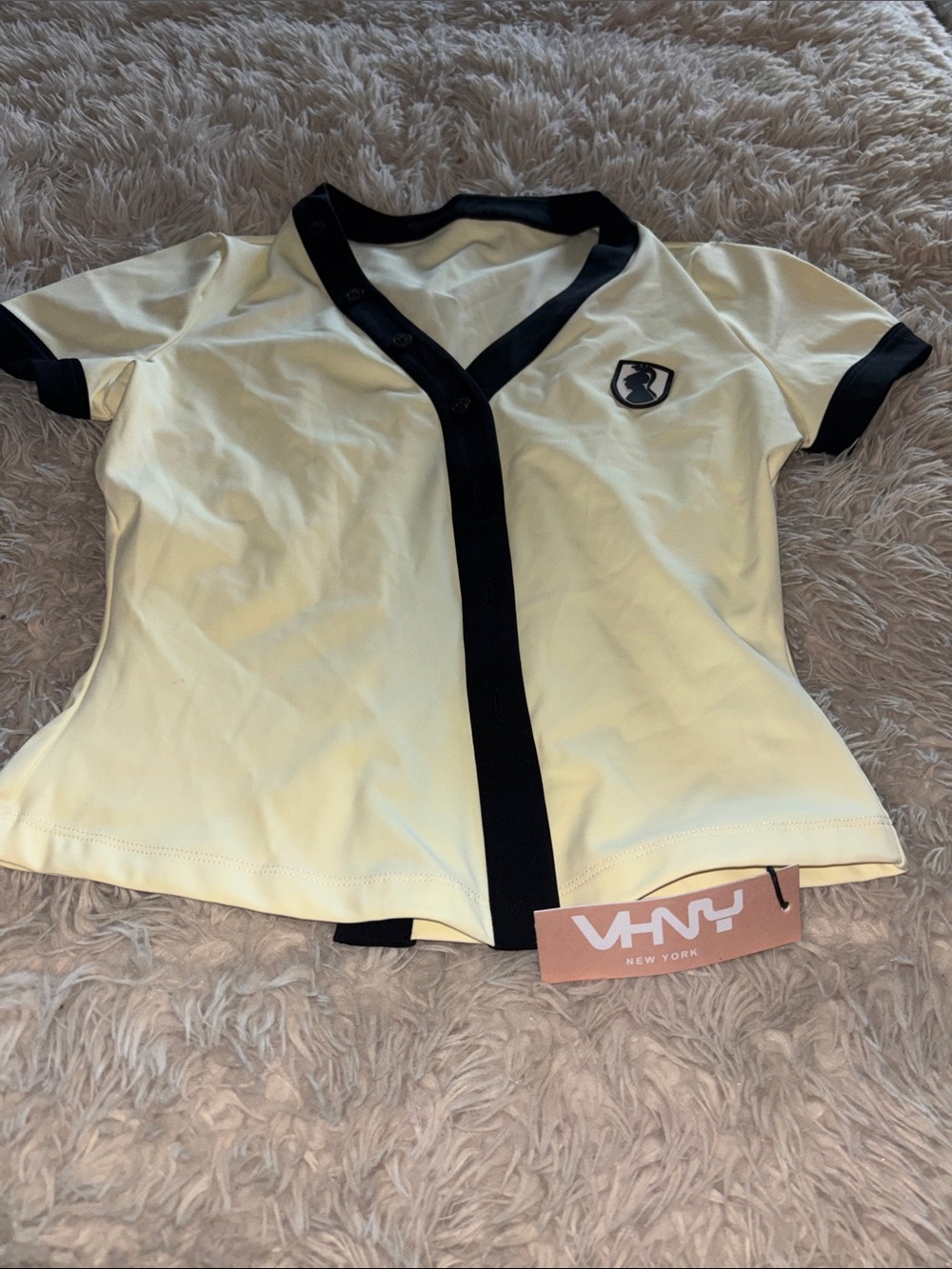 VHNY Pale Yellow Short Sleeve Baseball Tee with Black Trim